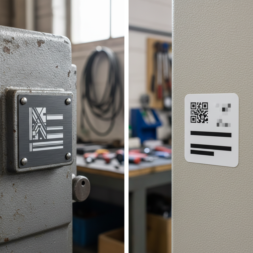 Close-up shot of a dark grey anodised aluminium asset label firmly attached to a piece of industrial machinery, and a white polyester asset label with black text adhered to another piece of equipment, side-by-side on a textured industrial background. Both labels are legible and show no signs of wear.