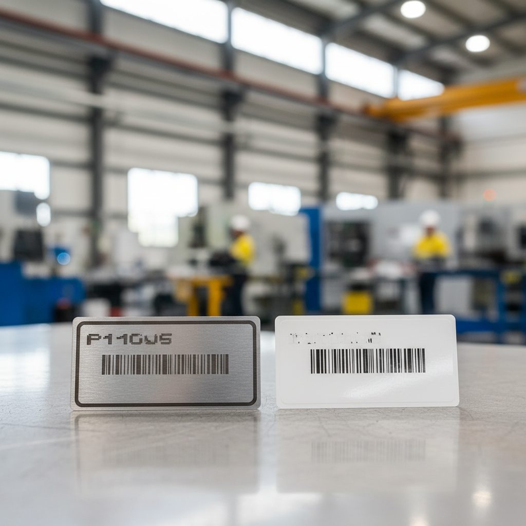 Close-up comparison of an anodised aluminium asset label and a polyester asset label, showing their textures and durability, placed on a workbench in an industrial Australian setting.