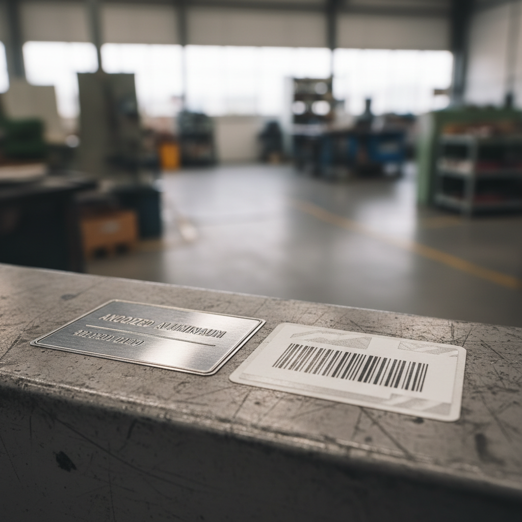 Close-up comparison of an anodised aluminium asset label and a polyester asset label, showing their textures and durability, set against a blurred Australian industrial background like a warehouse or factory.