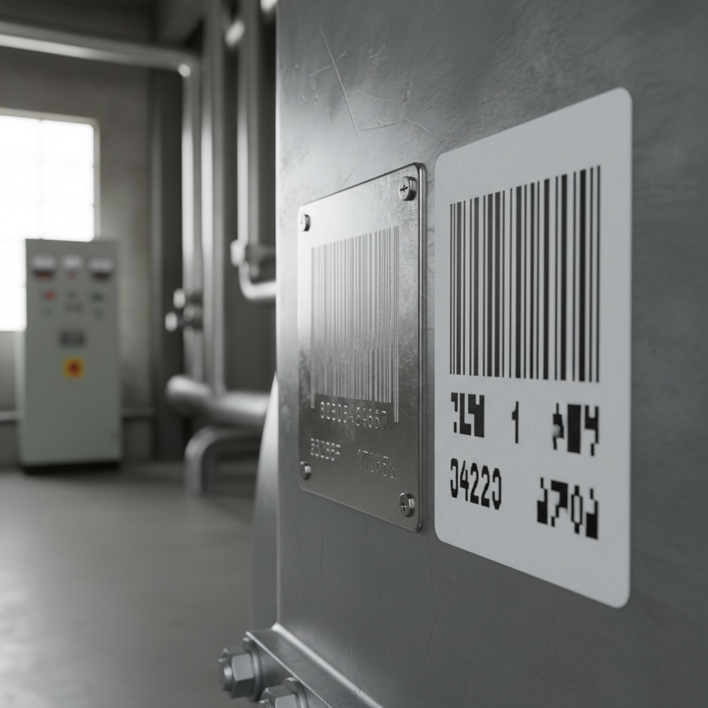 Close-up of an anodised aluminium asset tag next to a polyester asset label, both showing clear barcodes and serial numbers on industrial equipment.