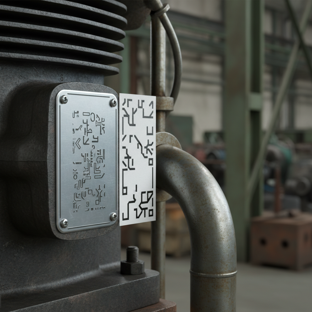 Close-up of a durable anodised aluminium asset label contrasted with a flexible polyester asset label, showcasing textural differences and potential use cases on industrial equipment.