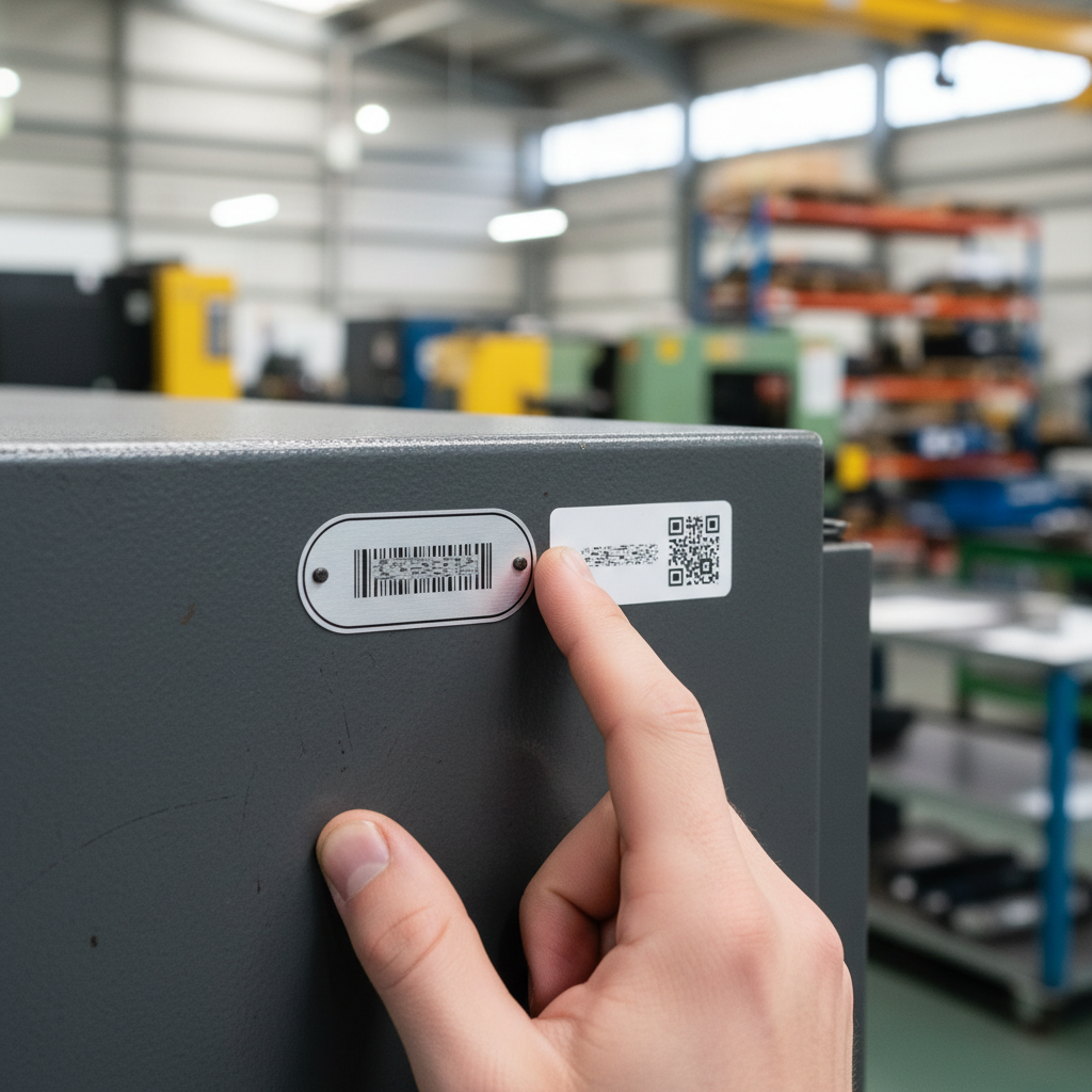 Close-up of a hand inspecting two industrial asset labels side-by-side; one is a metallic anodised aluminium label with clear engraving, and the other is a flexible white polyester label with vibrant print, both affixed to a dark grey industrial surface in an Australian factory setting.