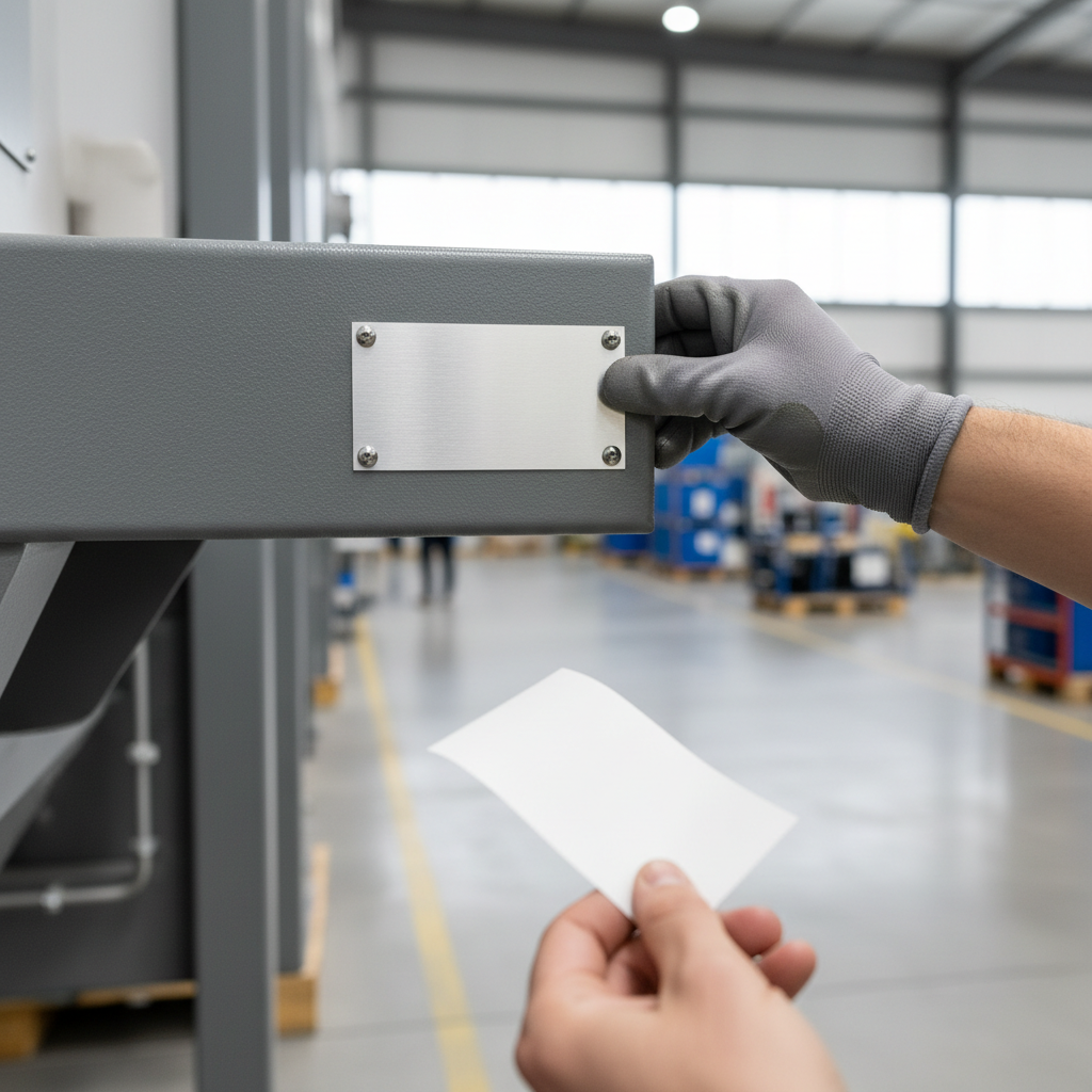 Close-up of a hand with a work glove inspecting a durable-looking anodised aluminium label attached to a piece of industrial machinery, with another hand holding a flexible polyester label nearby for comparison. The background is a blurred Australian industrial warehouse.