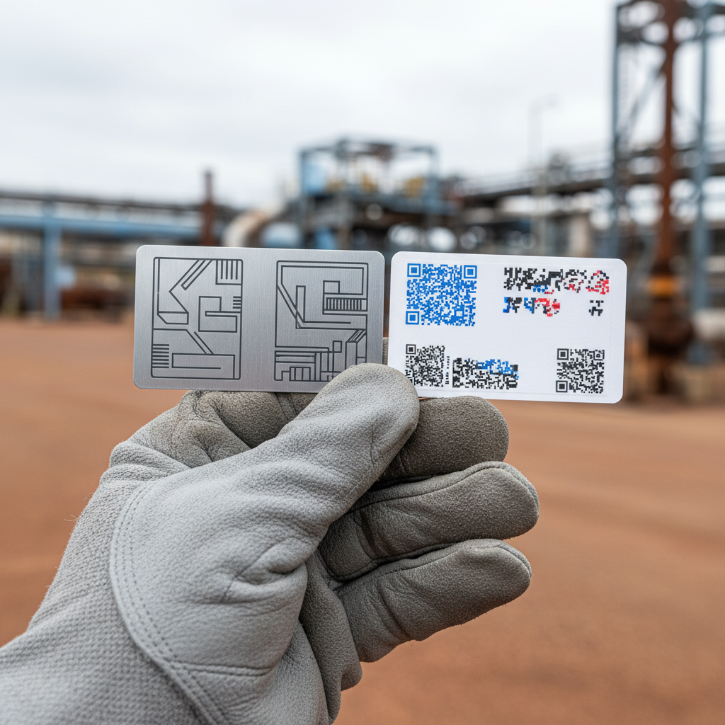 Close-up of a hand inspecting two distinct industrial asset labels: one a matte, metallic anodised aluminium label with clear engraving, and the other a durable, slightly glossy polyester label with printed text, both affixed to a piece of industrial machinery in a well-lit Australian factory setting.