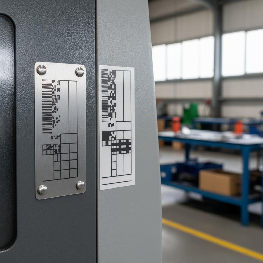 Close-up of a rugged anodised aluminium asset label bolted to a piece of machinery next to a flexible, self-adhesive polyester asset label on a curved surface, with a blurred Australian industrial background.