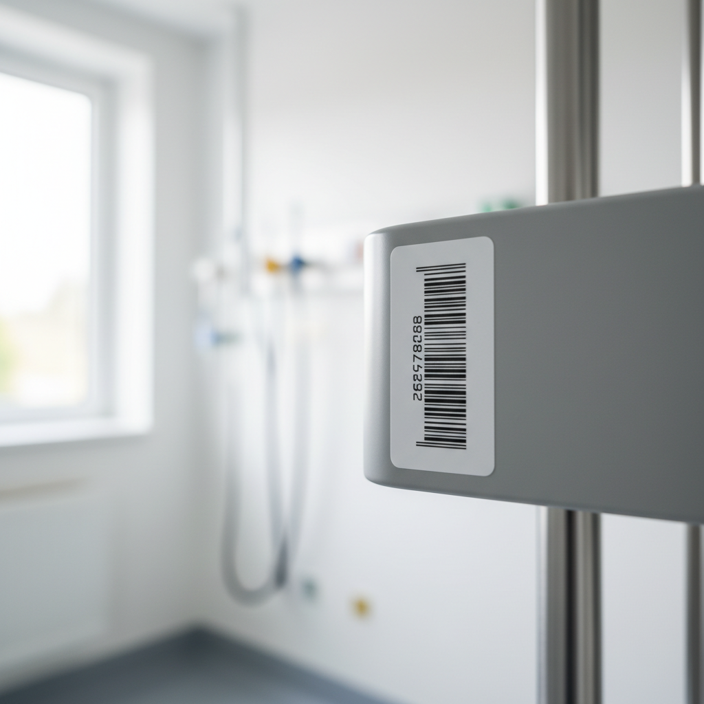 Close-up of a high-quality, durable asset label securely attached to a piece of medical equipment in a clean, well-lit hospital environment. The label shows a barcode and unique identifier. A gloved hand might be gently touching or inspecting the label. Focus on the label's clarity and robust attachment.