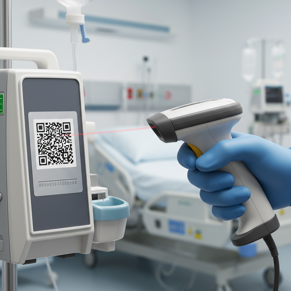 Close-up of a healthcare professional scanning a QR code on a medical device in a hospital setting, with a clear, durable asset tag visible.