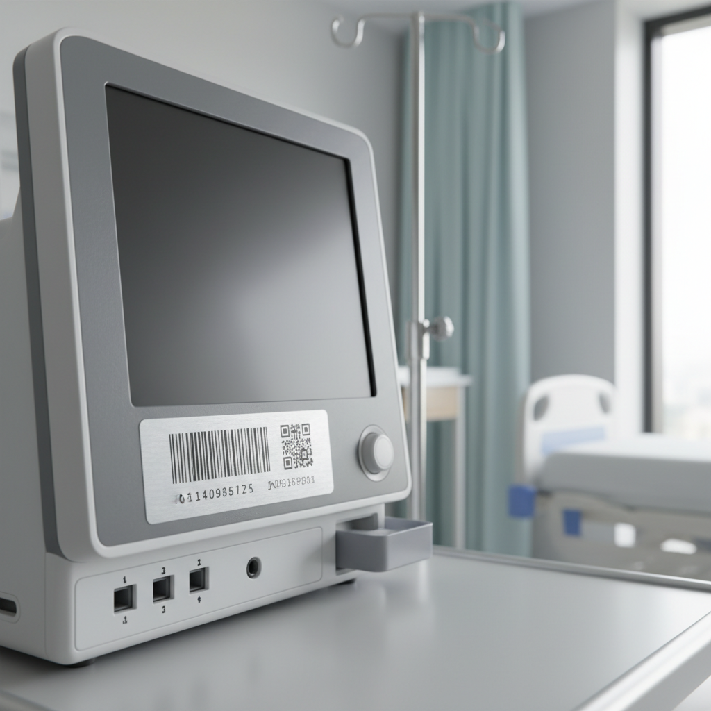 Close-up of a durable industrial asset label with a barcode attached to medical equipment in a clean, modern hospital environment. The label is clearly visible, showcasing alphanumeric data and a QR code, with a subtle reflection of fluorescent lights.