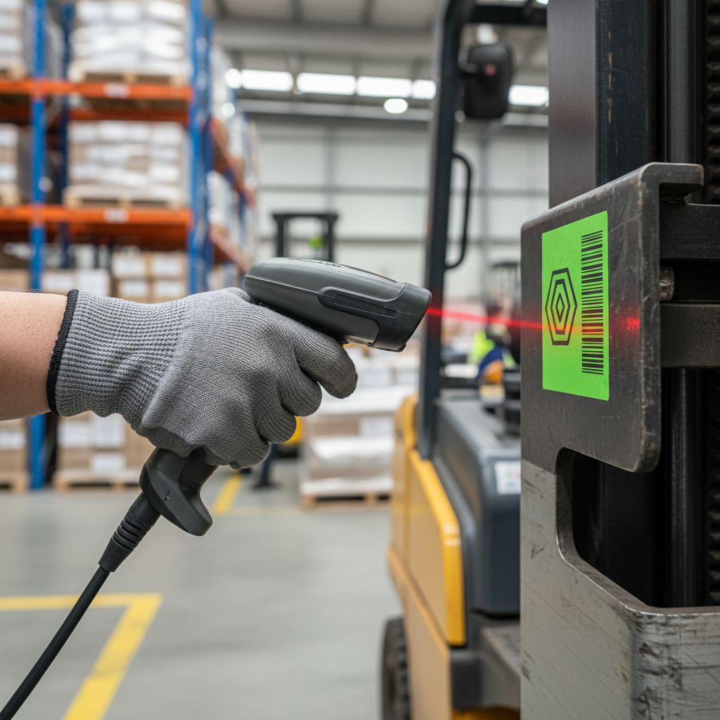 Close-up of a hand scanning a barcode on a heavy-duty industrial asset label affixed to a piece of warehouse machinery, with other machinery blurred in the background