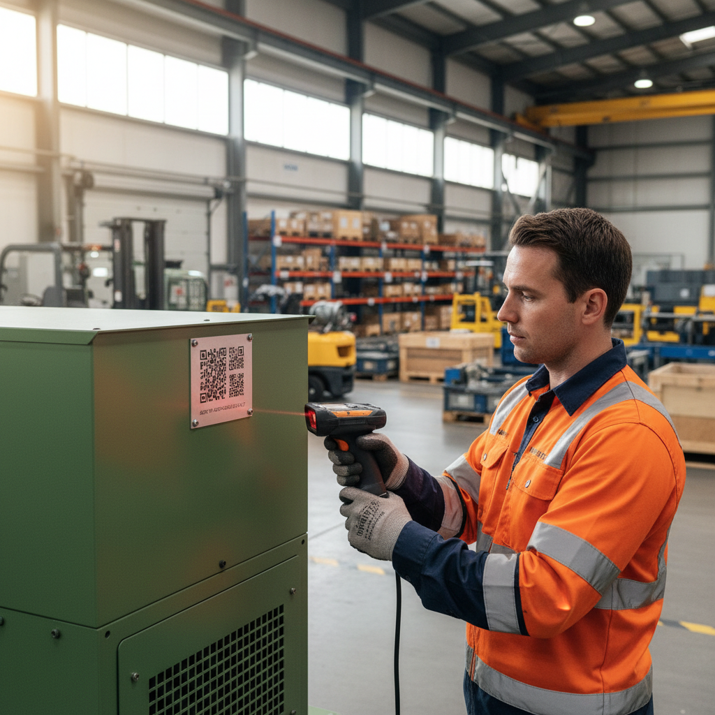 Close-up of a worker scanning a serialised metal asset tag securely attached to a piece of industrial machinery in a well-lit warehouse setting.