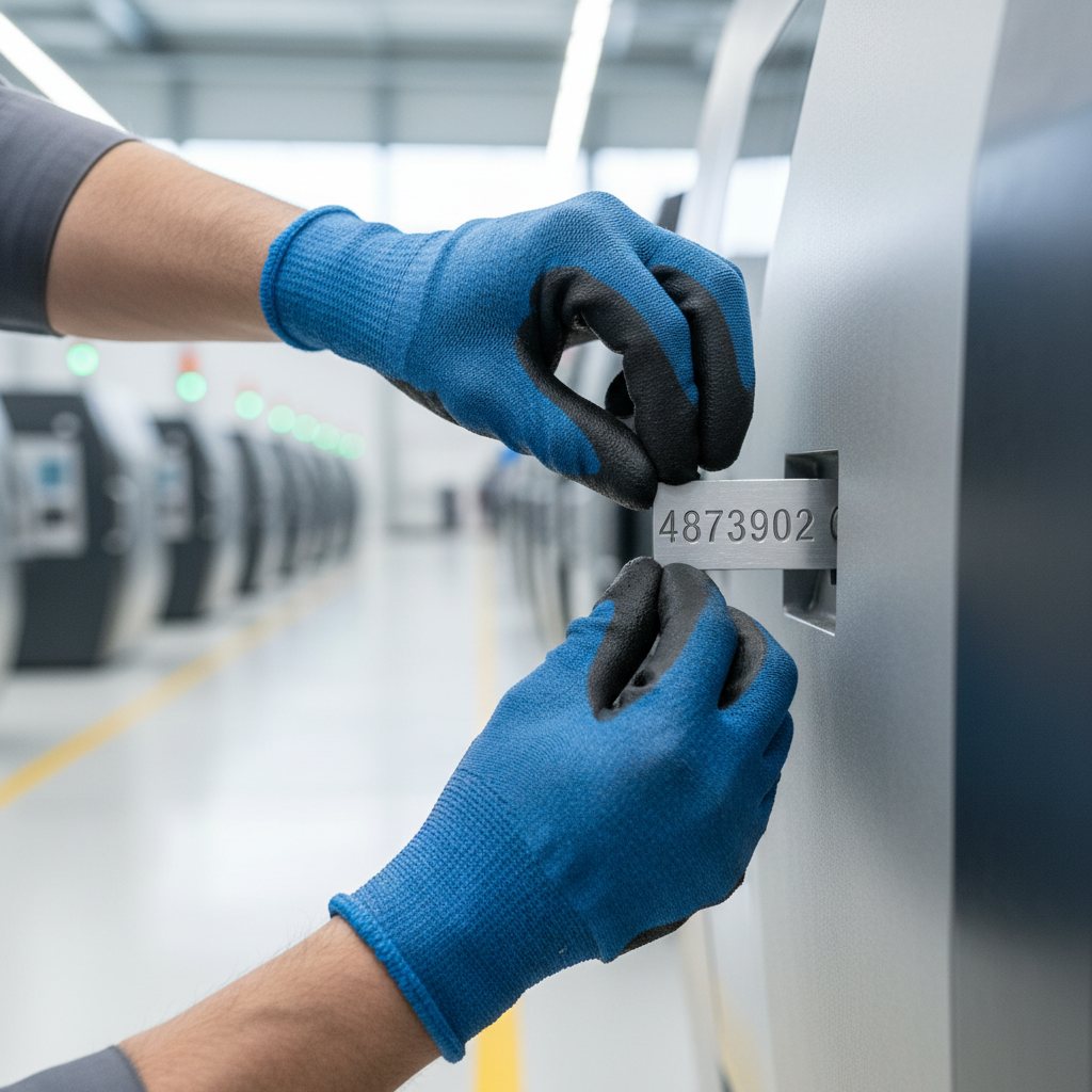 Close-up of a worker carefully attaching a rectangular metal tag with a clearly engraved serial number to a piece of industrial machinery in a clean, well-lit factory environment, with other assets in the background.