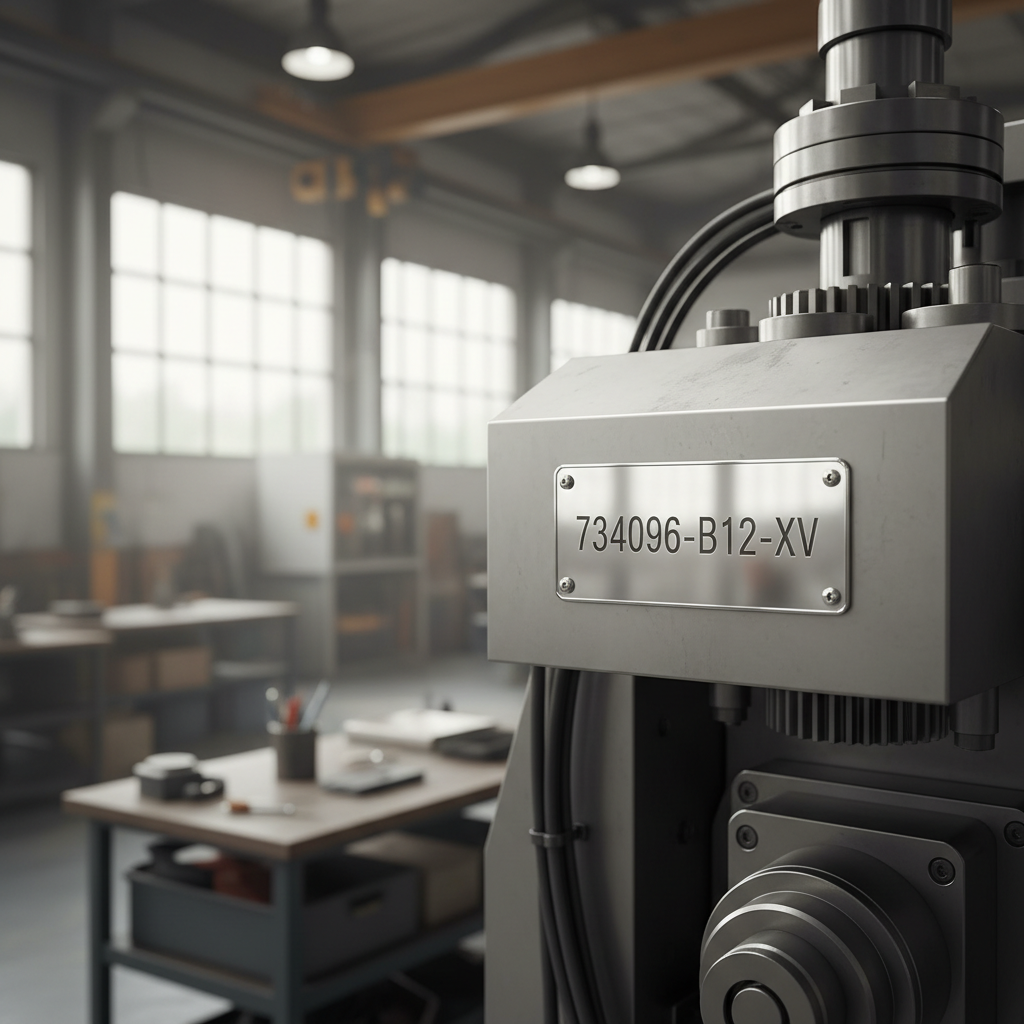 Close-up of an industrial asset, possibly a large machine or piece of equipment, with a durable, silver serial-numbered metal tag clearly attached, showing a unique number.