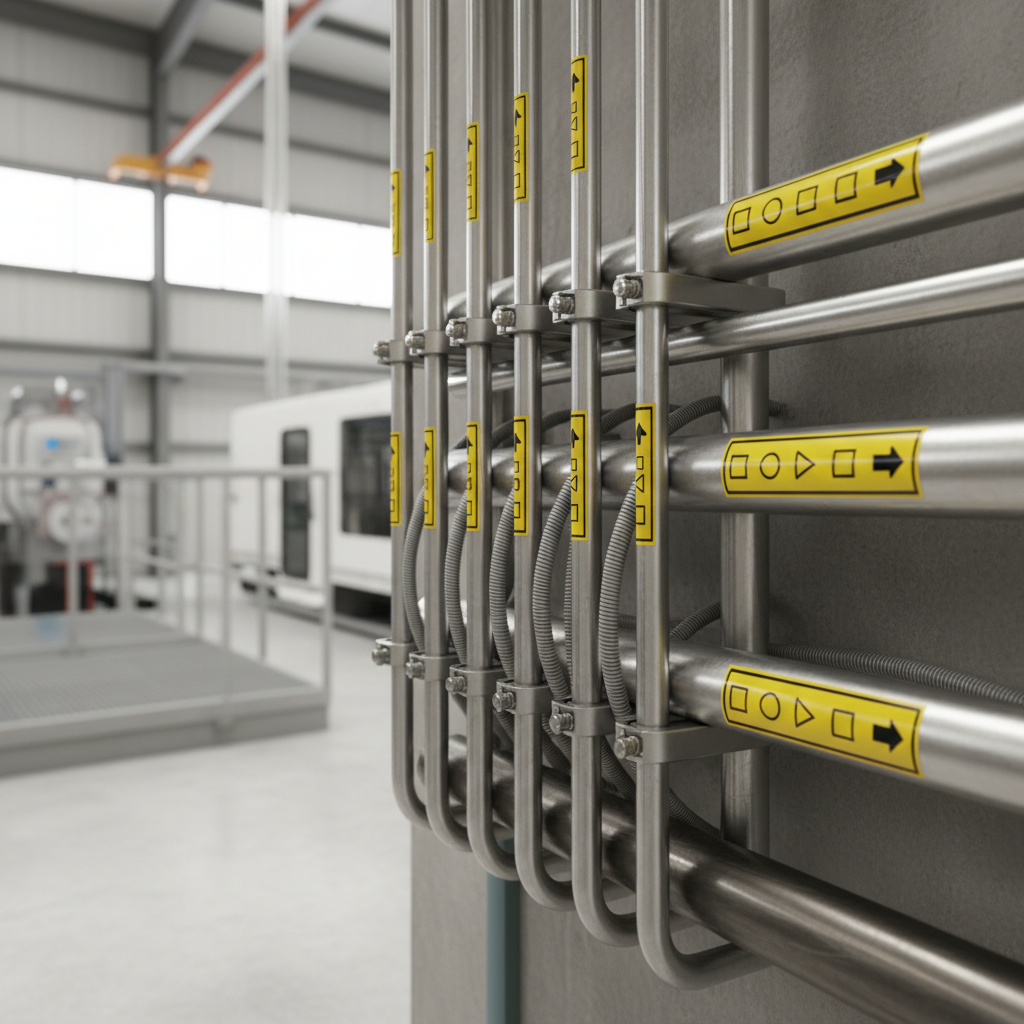 Close-up of a neatly organised electrical conduit system with various colourful, durable identification labels clearly marking different cables and pipes. The labels are weather-resistant and professionally applied, showing alphanumeric codes and arrows.