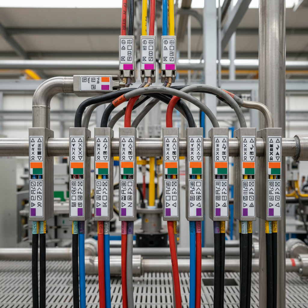 Close-up of a neatly labelled electrical panel with colour-coded cables, neatly bundled and secured. Labels show clear, legible text and symbols. A technician's gloved hand is visible in the background, reaching towards a cable. Industrial setting, good lighting.