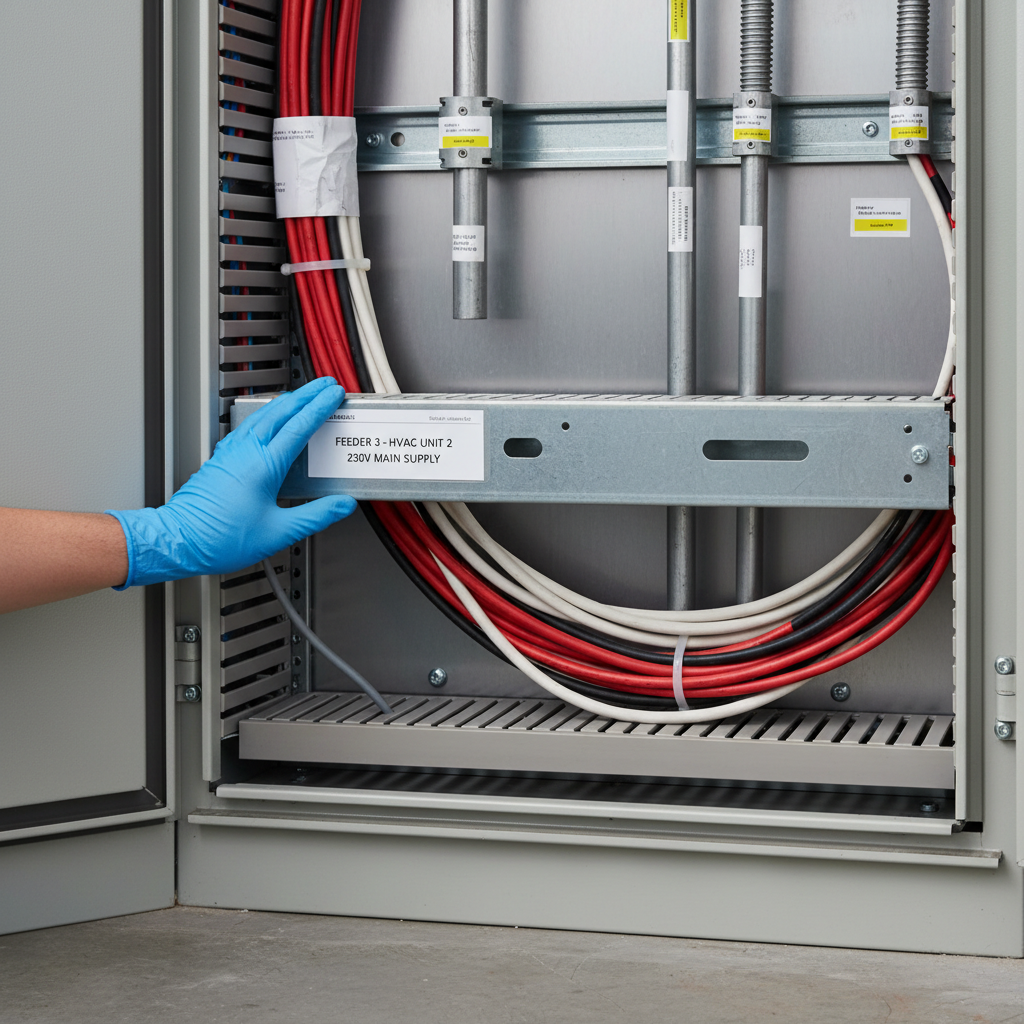 Close-up of a worker applying a durable, clearly printed cable identification label to a bundle of industrial electrical cables in a commercial switchboard, with a blurred background of other labelled pipes and conduits.
