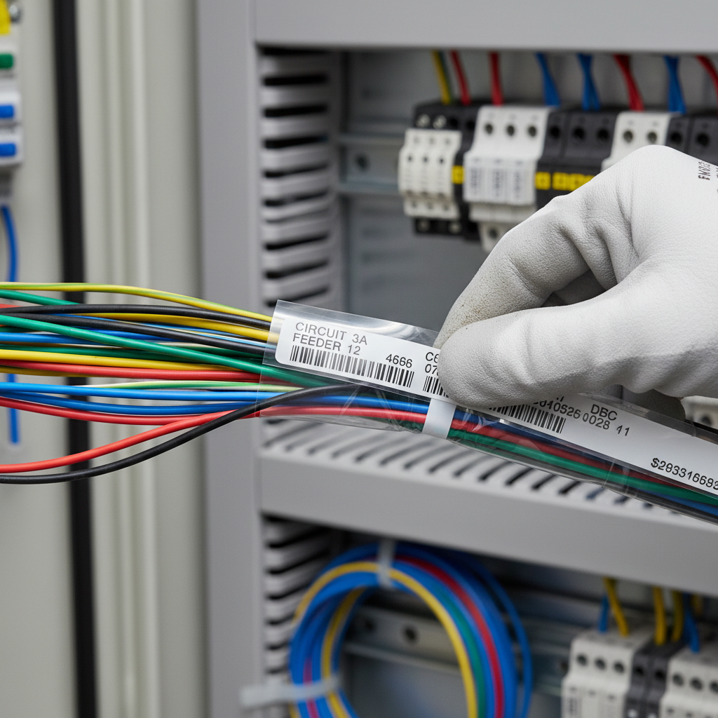 Close-up of a hand applying a durable, self-laminating cable label to a bundle of colour-coded electrical wires within an industrial control panel.