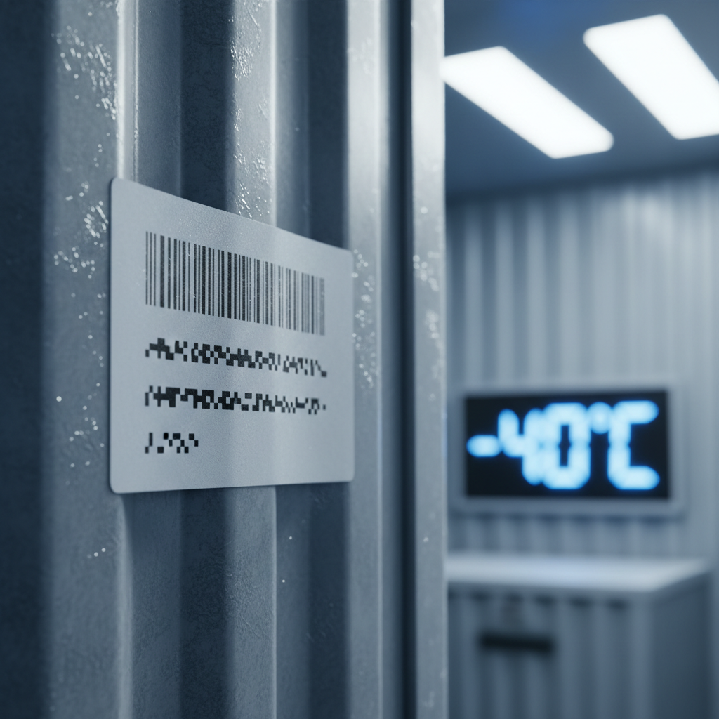 Close-up of a durable label with a barcode and text, firmly adhered to a frost-covered metal surface inside a cold storage facility, with a thermometer showing -40 degrees Celsius in the background.