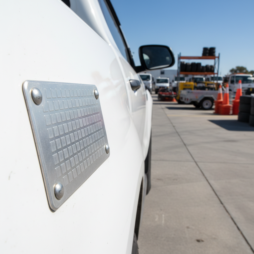 Close-up of a rugged asset tag securely affixed to the fender of a council utility vehicle, with other fleet vehicles visible in the background at an Australian depot.