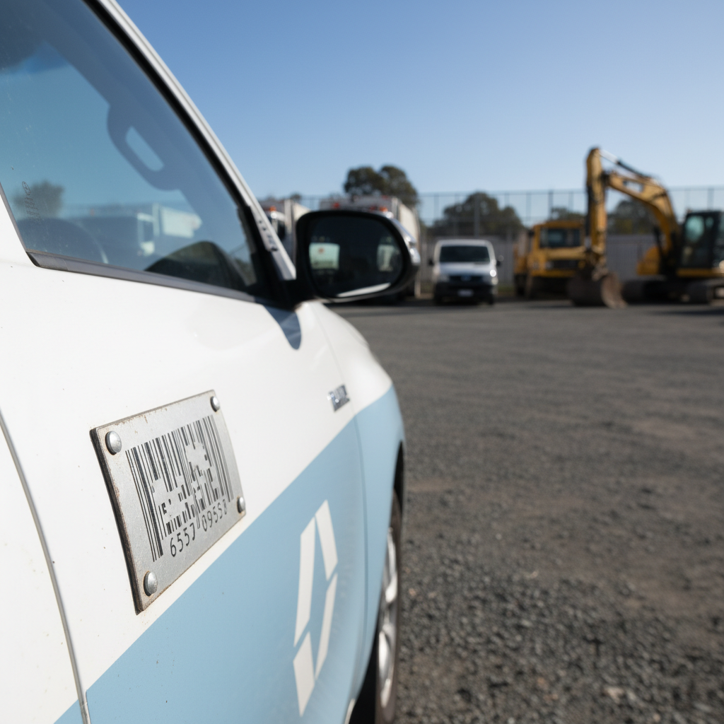 Close-up of a durable industrial asset tag securely affixed to the fender of a council utility vehicle, with other fleet vehicles and depot in the background under a clear Australian sky. The tag shows a barcode and unique identifier.