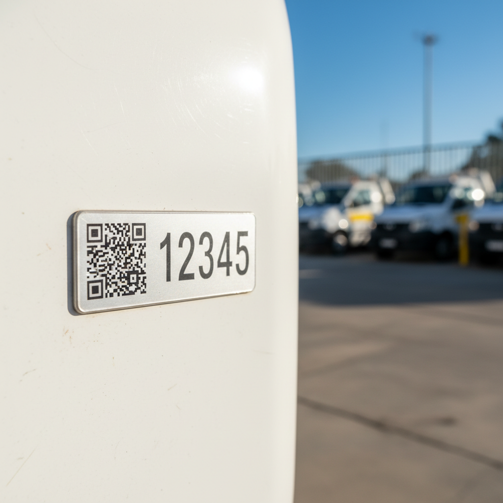 Close-up of a weather-resistant asset tag with a QR code affixed to the side of a council utility vehicle, parked in a sunny Australian depot.