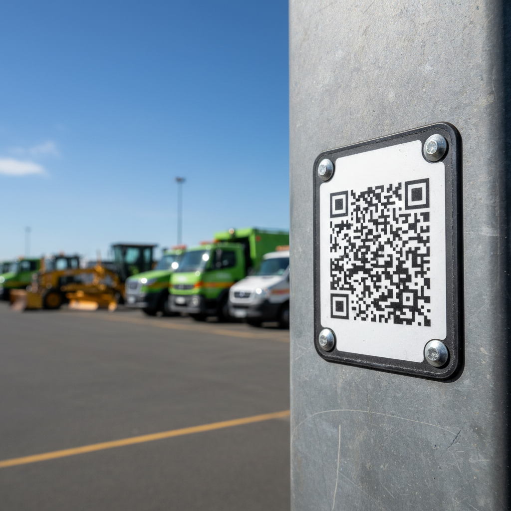 Close-up of a durable industrial asset tag securely affixed to a vehicle bumper or chassis, with blurred council fleet vehicles (trucks, vans, diggers) in a depot background under a bright Australian sky. The tag is clearly visible, showing a barcode or QR code.