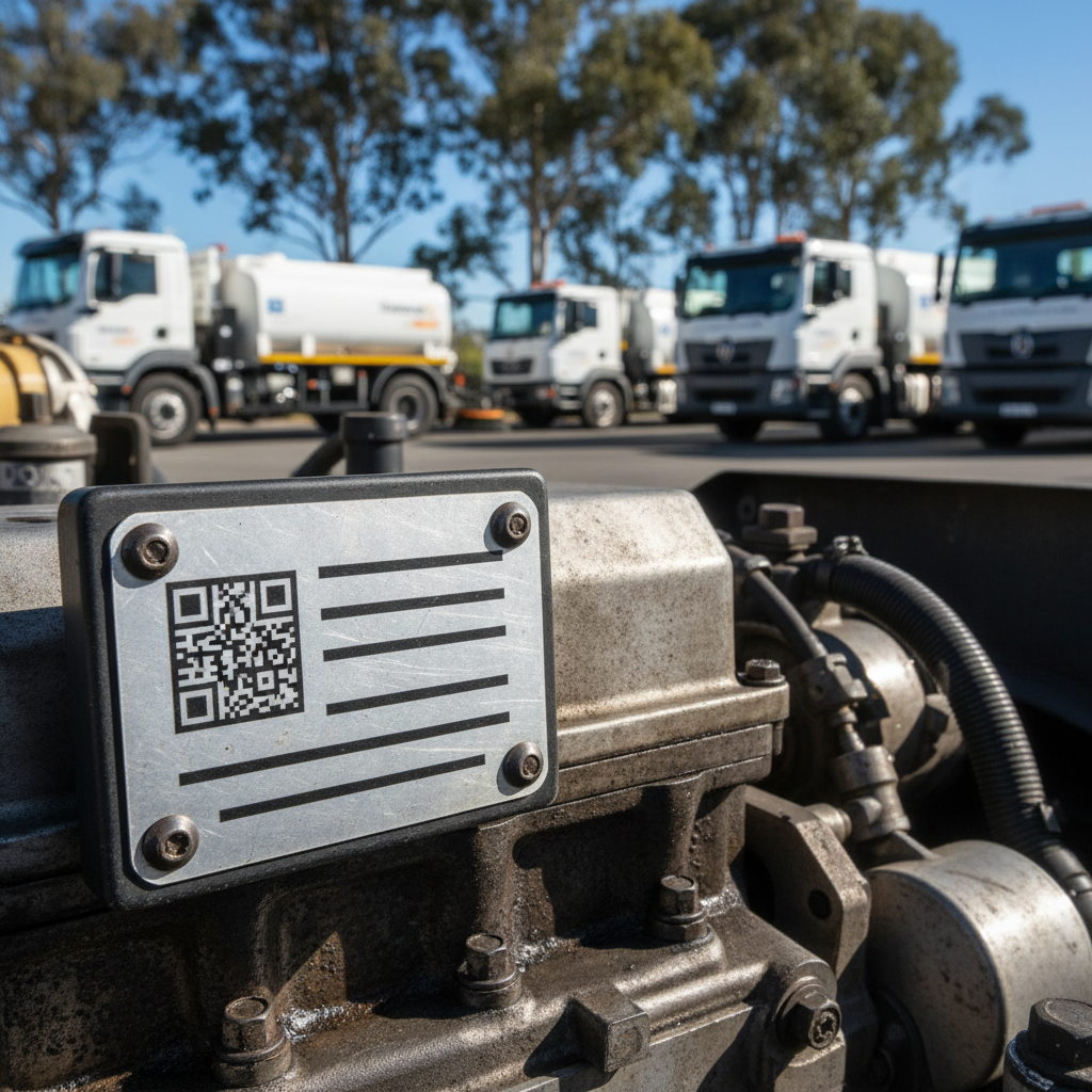 Close-up of a durable asset tag affixed to the chassis of a diverse council fleet vehicle, such as a utility truck, parked in a well-organised council depot in Australia, with other vehicles and equipment visible in the background under clear blue skies.
