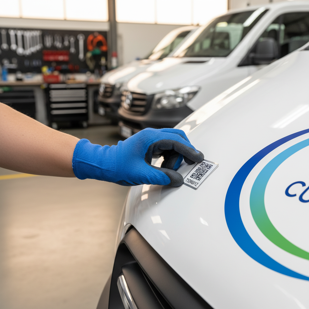 Close-up of a hand attaching a durable, weatherproof asset tag with a QR code to the bumper of a government council vehicle, such as a white ute, in an Australian maintenance depot setting.