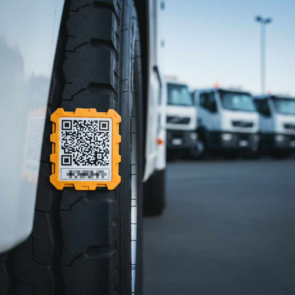 Close-up of a high-visibility asset tag with a QR code securely attached to the side of a council utility vehicle tire, in a busy municipal depot yard in Australia, with other fleet vehicles in the background at dawn.