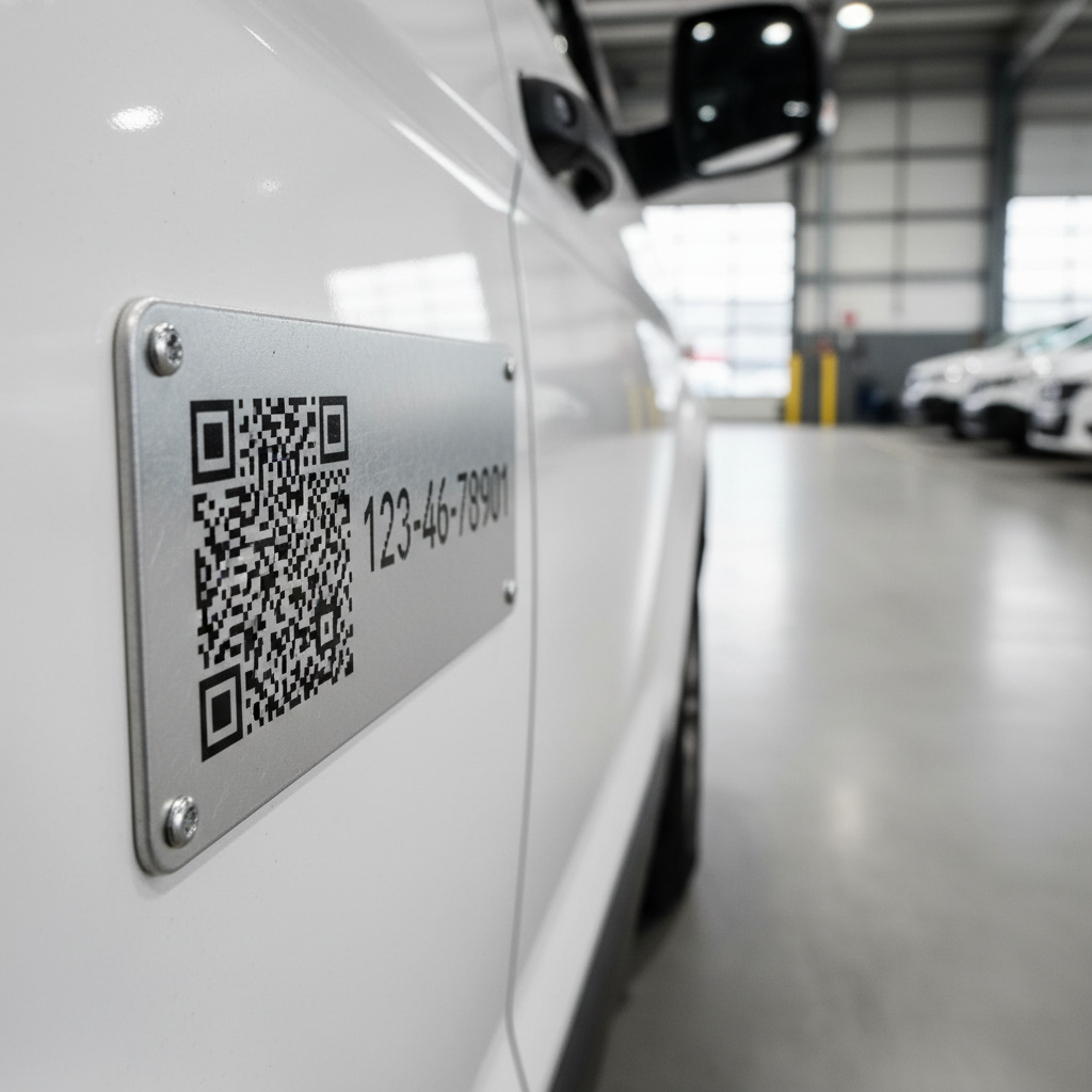 Close-up of a high-visibility, durable asset tag securely attached to the chassis of a council maintenance vehicle, such as a street sweeper or garbage truck. The tag features a QR code and a sequential number, with a blurred background of a council depot.