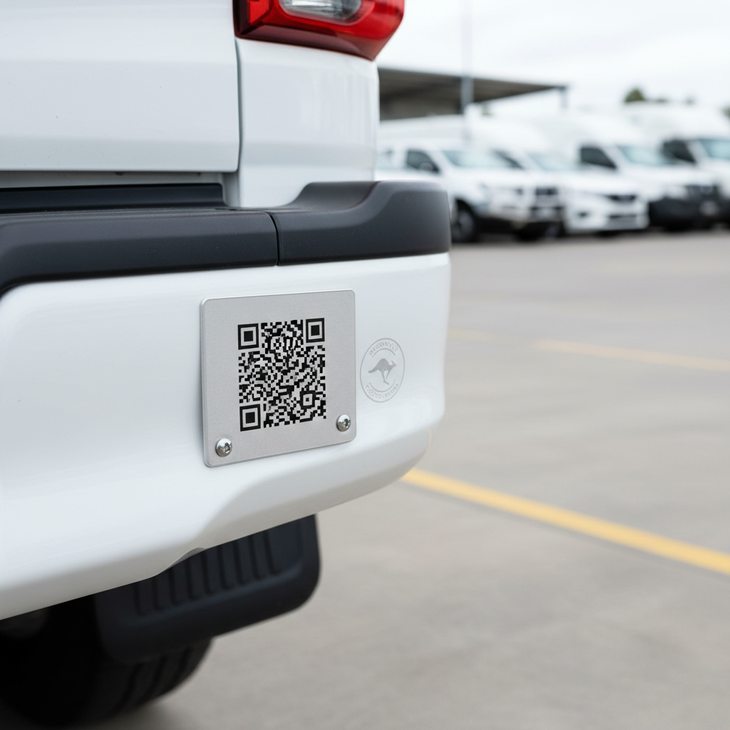 Close-up of a modern, durable asset tag with a QR code affixed to the bumper of a white council utility vehicle in a well-maintained depot.