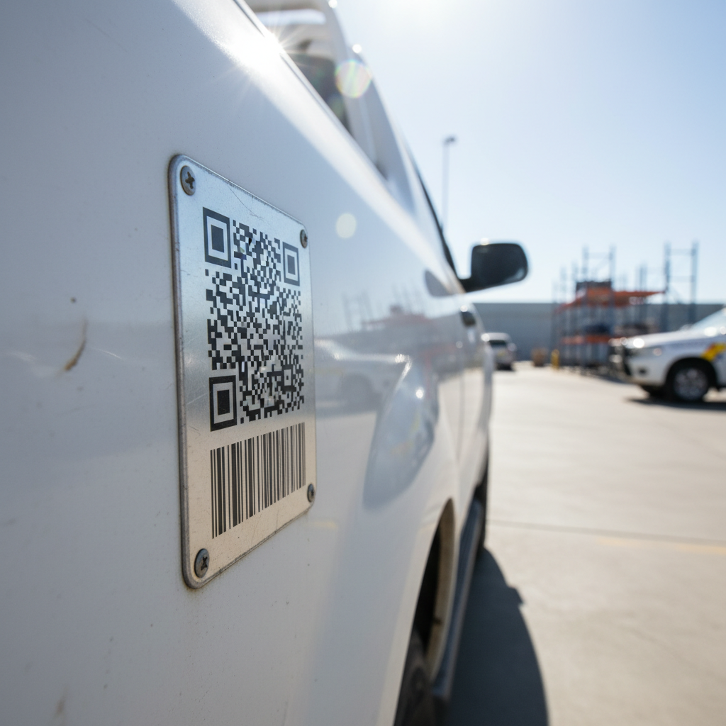 Close-up of a high-durability asset tag with a QR code affixed to the side of a council utility vehicle tire, parked in a sunny Australian depot. The tag shows some wear but is clearly legible, illustrating longevity.