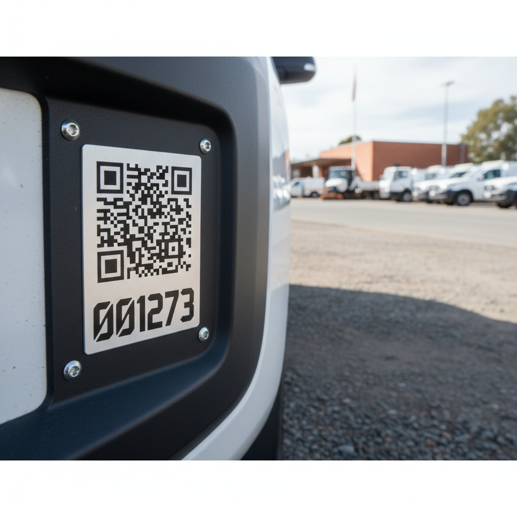 Close-up of a high-visibility asset tag with a QR code securely attached to the fender of a municipal utility vehicle, with a blurred Australian council depot background.