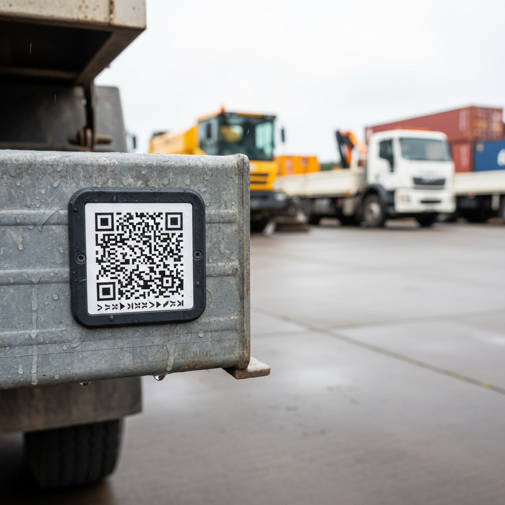 A close-up shot of a hard-wearing, adhesive asset tag with a QR code and serial number, affixed to the chassis of a council maintenance truck in a depot yard.