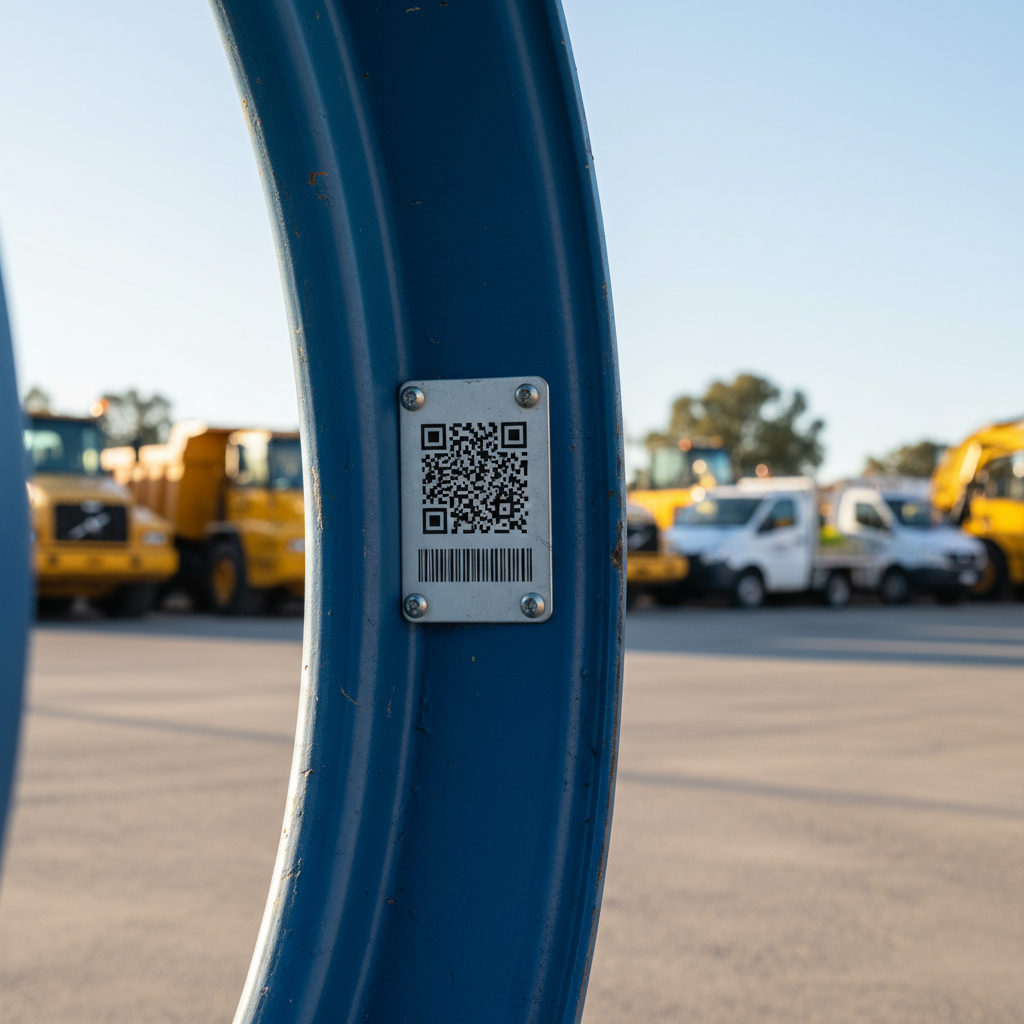 Close-up of a sturdy, weatherproof asset tag with a QR code and serial number attached to the clean, painted metal surface of a council utility vehicle tire rim, with other fleet vehicles blurred in the background on a sunny day in an Australian depot.