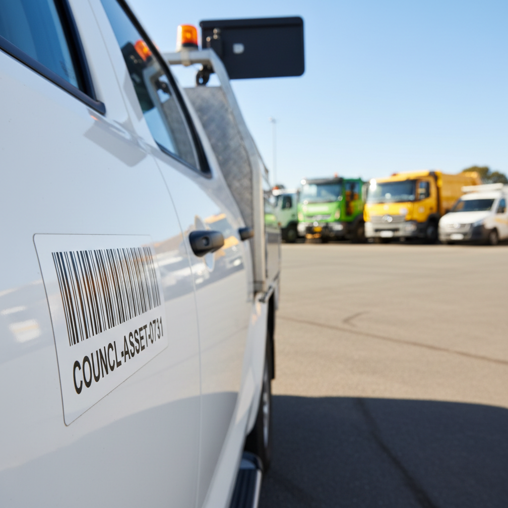 Close-up of a high-visibility asset tag on the side of a council utility vehicle, parked in an outdoor depot with other vehicles and equipment in the background under a clear Australian sky.