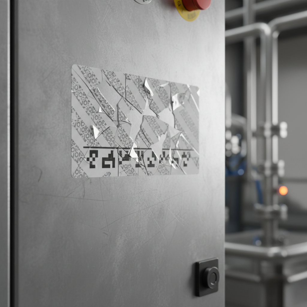 Close-up of a shattered, destructible vinyl security label on a metal asset, showing clear evidence of attempted removal. The background is a blurred industrial setting, suggesting high-value equipment.