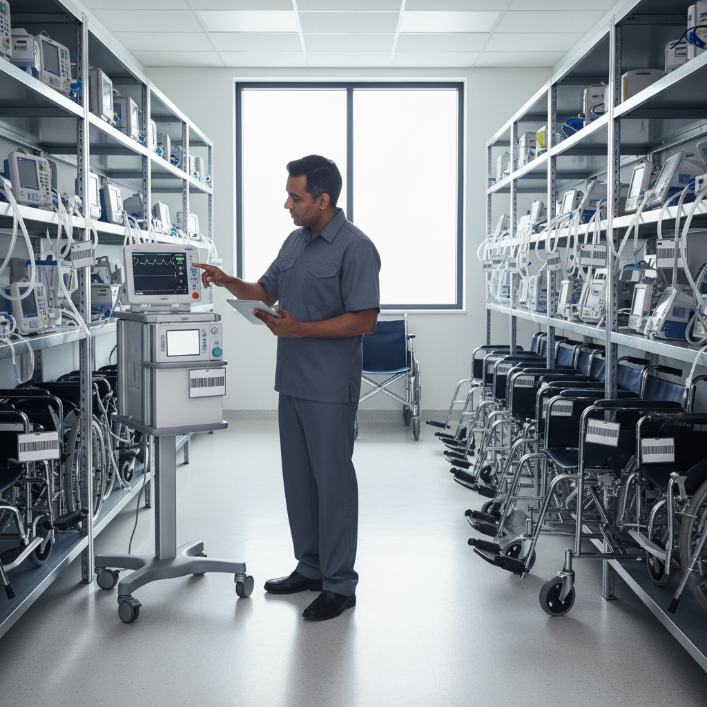 Close-up of a well-organised hospital equipment room with various medical devices, each featuring a clear, durable asset label. A facilities manager in the foreground uses a tablet to scan a tag.