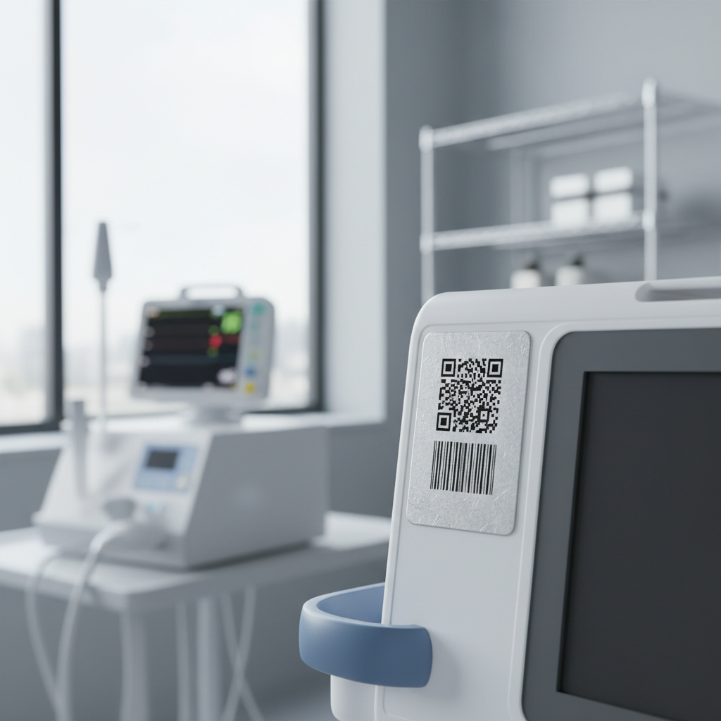 Close-up of a high-quality, durable asset tag with a barcode and QR code, affixed to a piece of medical equipment in a clean, well-lit hospital environment. The background shows blurred medical devices.