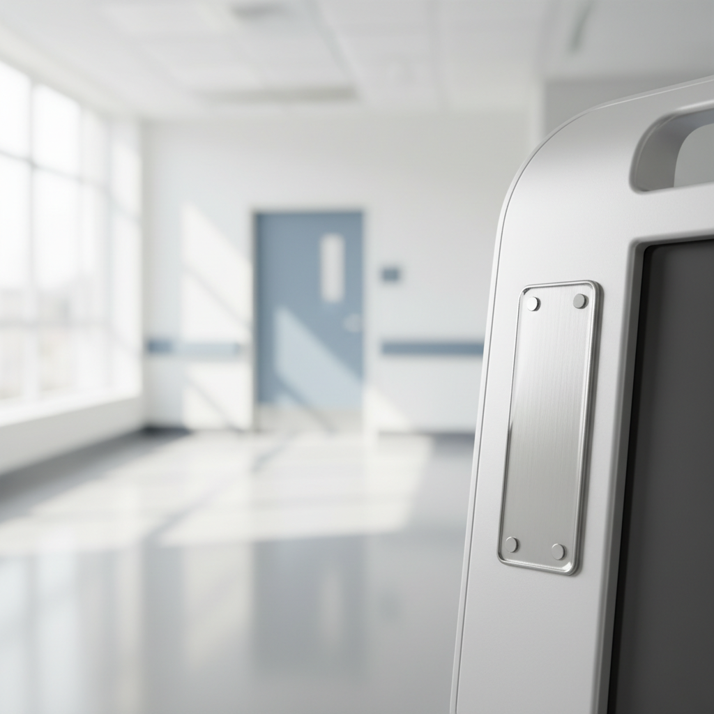 Close-up of a high-quality asset tag securely attached to a piece of medical equipment in a brightly lit, modern hospital corridor with a blurred background.