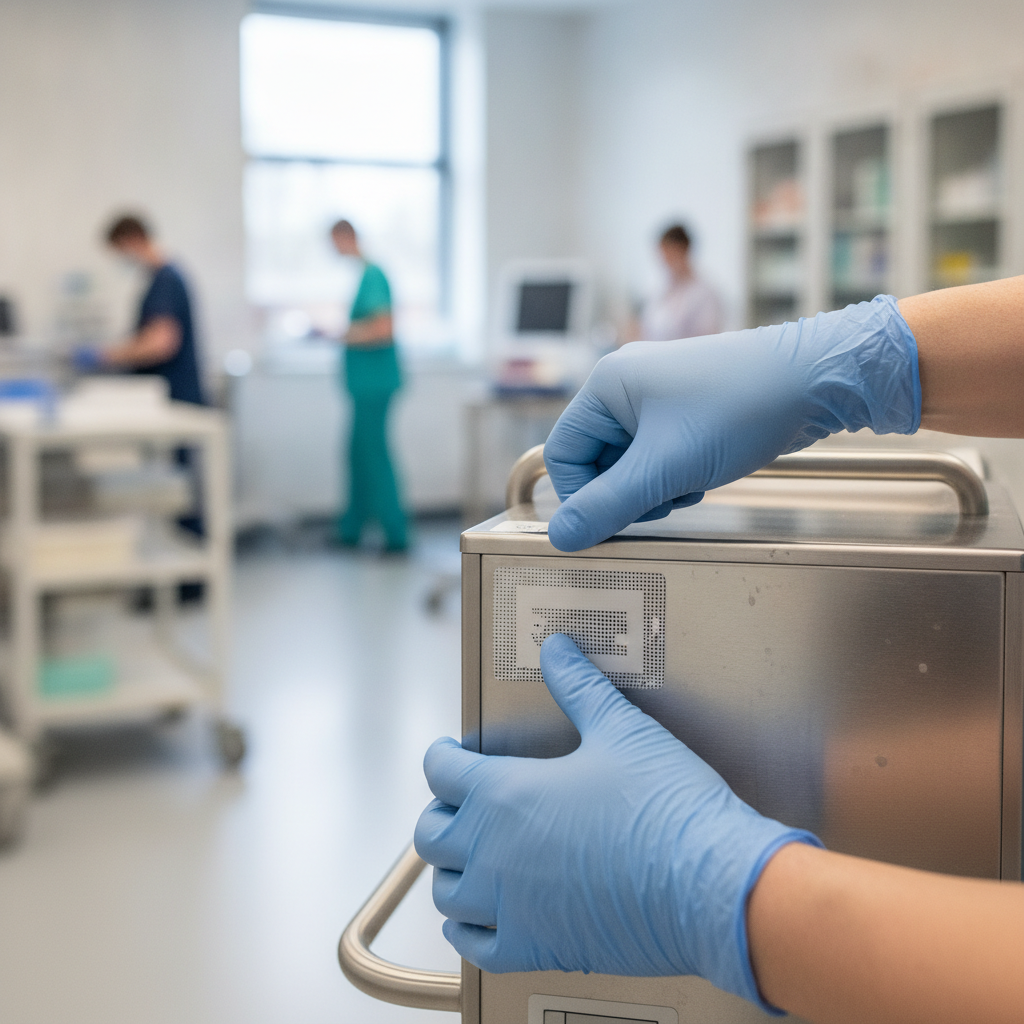 Close-up of a medical technician applying a durable asset tag to a piece of hospital equipment in a brightly lit, modern healthcare environment, with other tagged equipment blurred in the background.