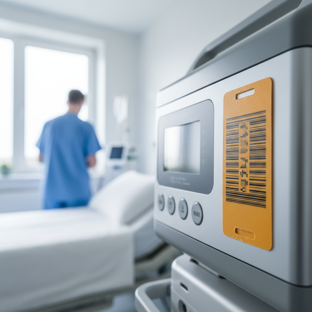 Close-up of a high-quality asset tag with a barcode on a piece of medical equipment in a hospital setting, showing a healthcare professional in the blurred background.