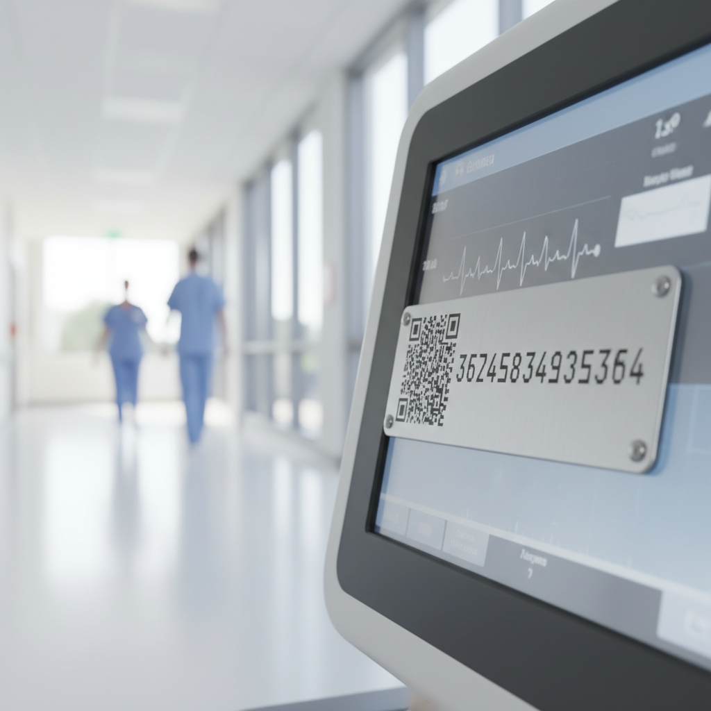 Close-up of a durable industrial asset tag securely affixed to a piece of modern medical equipment in a clean, brightly lit Australian hospital corridor, with a blurred background of healthcare professionals.