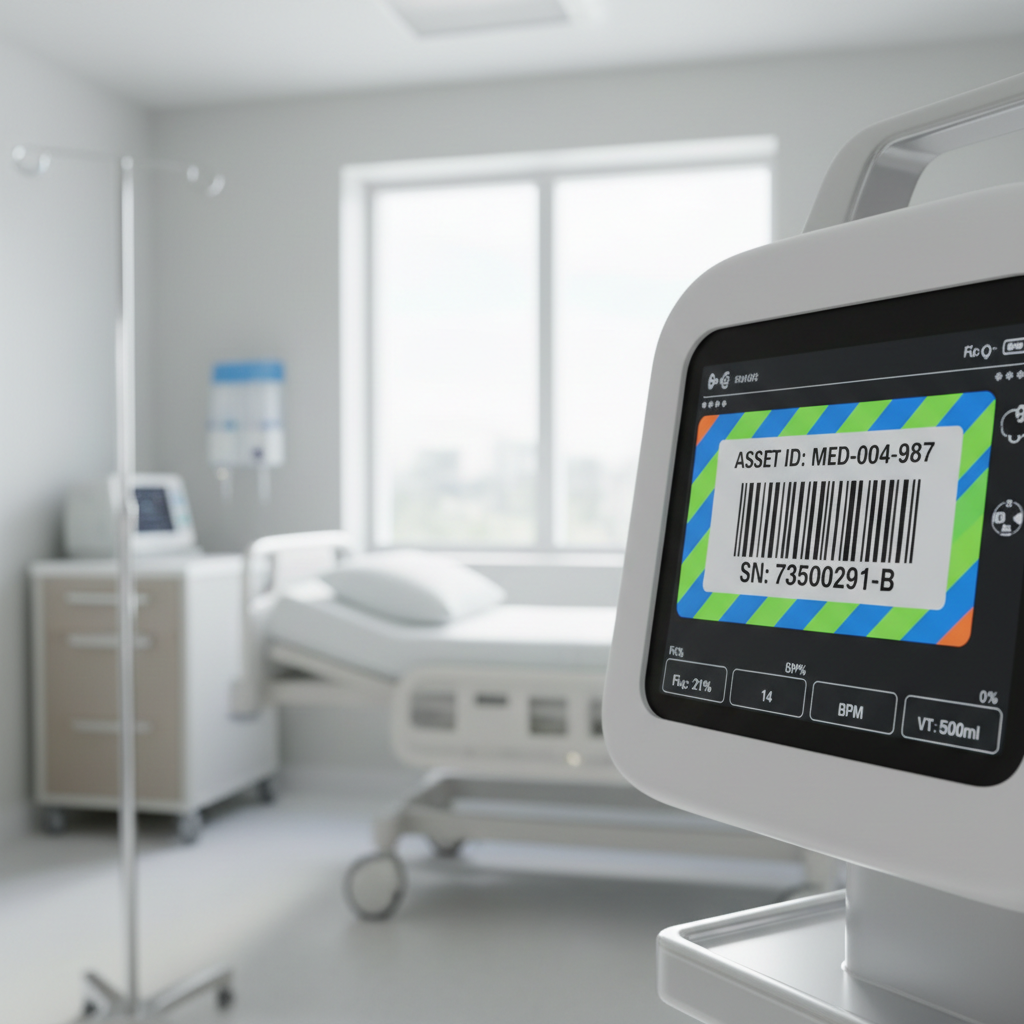 Close-up of a brightly coloured asset tag with a barcode and serial number, attached to a piece of medical equipment in a clean, modern hospital environment.