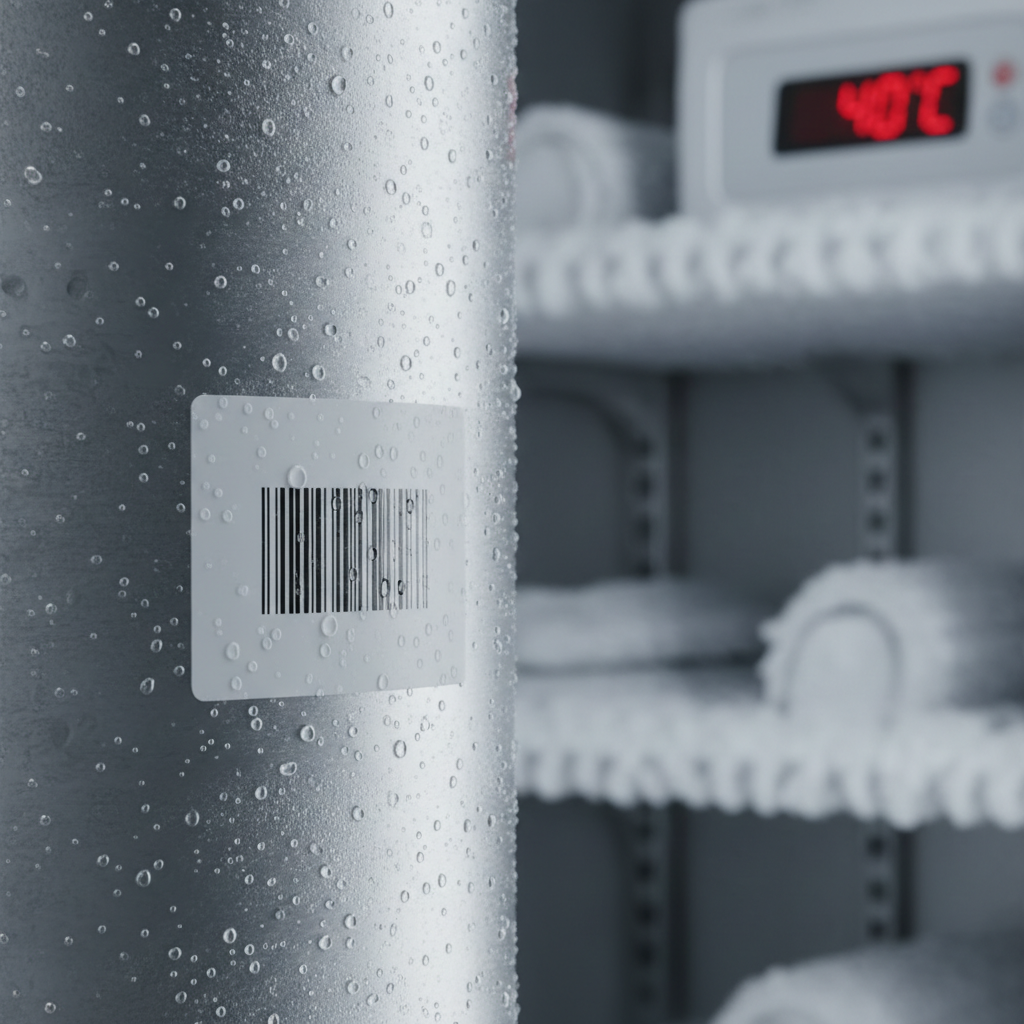Close-up of a frosted, durable industrial label securely adhered to a frozen metal surface inside a cold storage facility, with a digital thermometer showing -40 degrees Celsius in the background.