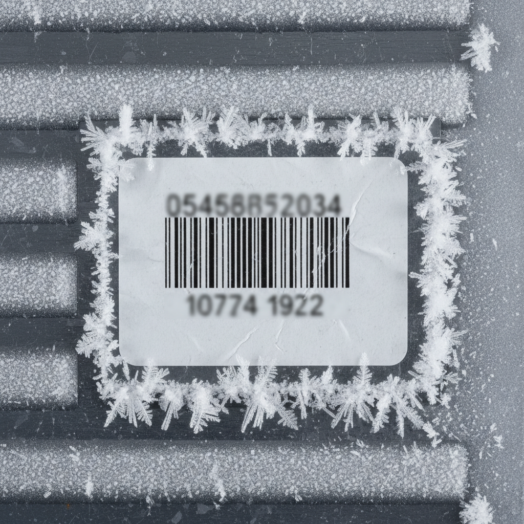 Close-up of an industrial label firmly adhered to a frozen metal surface, with frost visible around its edges, indicating extreme cold conditions. A barcode is clearly visible.