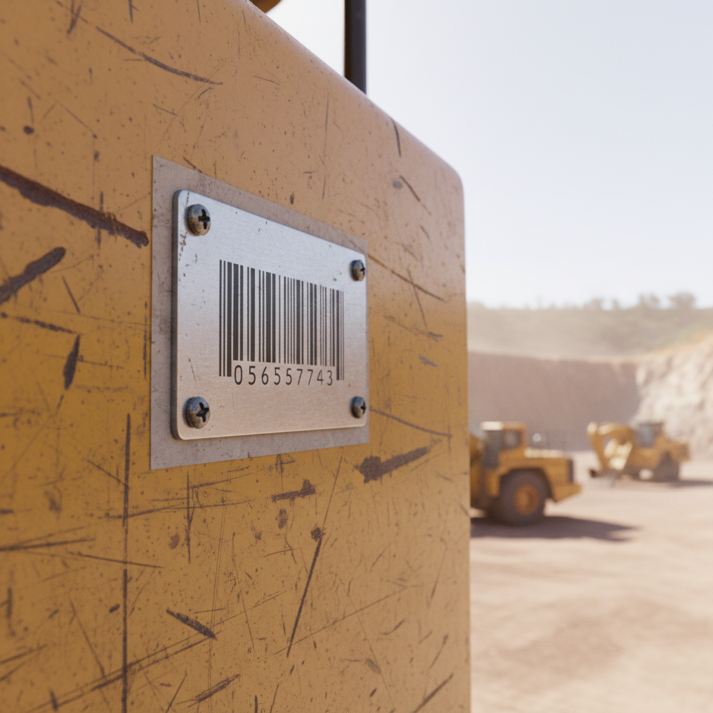Close-up of a rugged, metallic industrial asset tag firmly adhered to a piece of heavy mining machinery, showing a slight patina from dust and use in a harsh, outdoor Australian mining environment. The tag clearly displays a barcode and serial number.