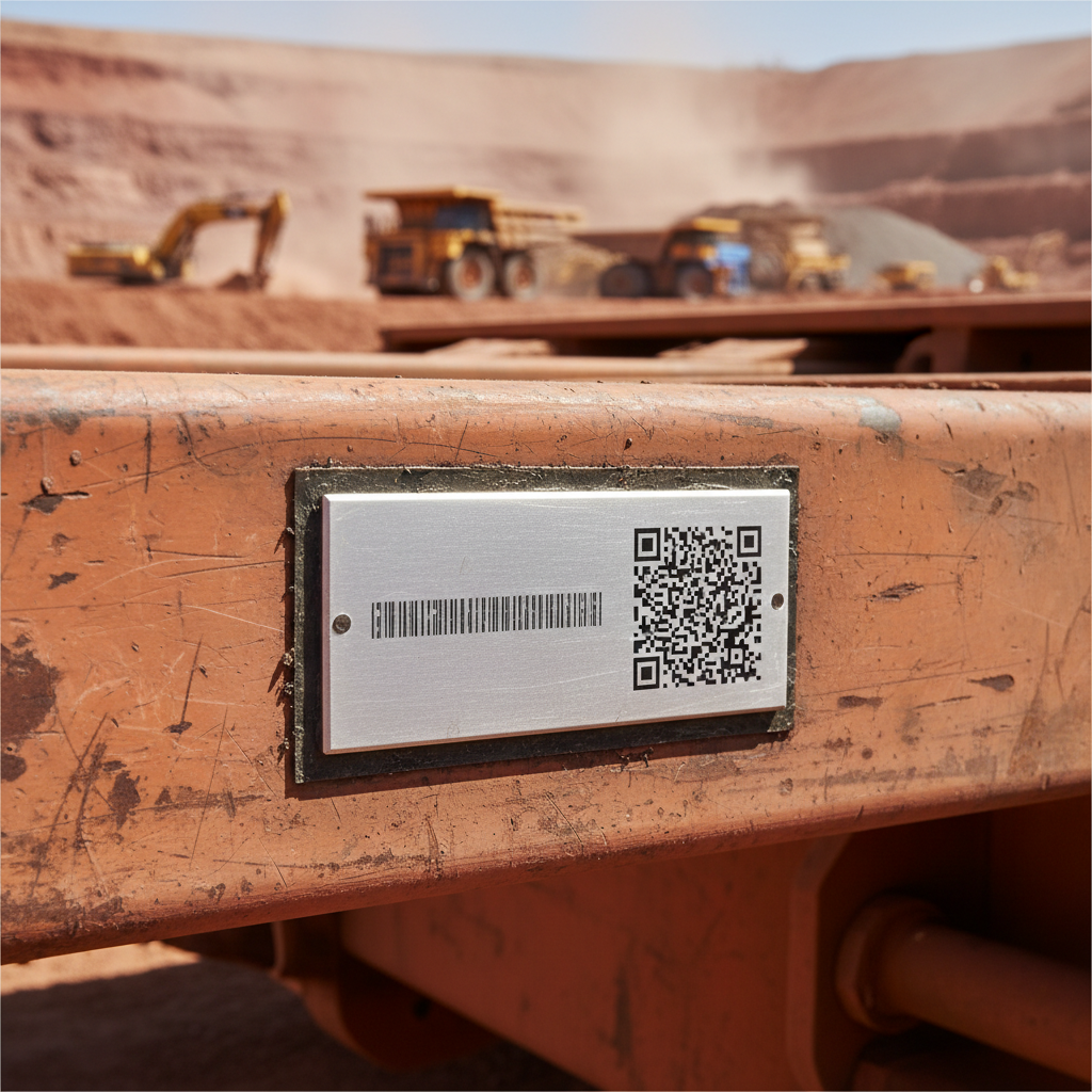 Close-up of a durable, metallic asset tag with clear text and a strong adhesive, firmly affixed to a piece of heavy mining machinery, showing signs of wear and tear but the label remains intact in a dusty, rugged mine environment.