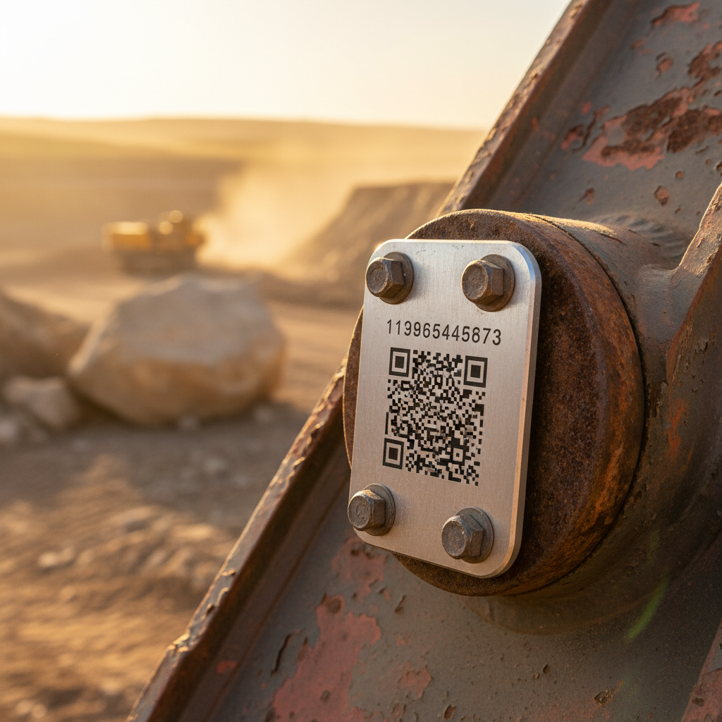 Close-up of a rugged, metal asset tag with clear, laser-etched text, securely adhered to a rusted but robust piece of mining machinery in an Australian open-cut mine. Dust and sunlight are visible, highlighting the tag's resilience.