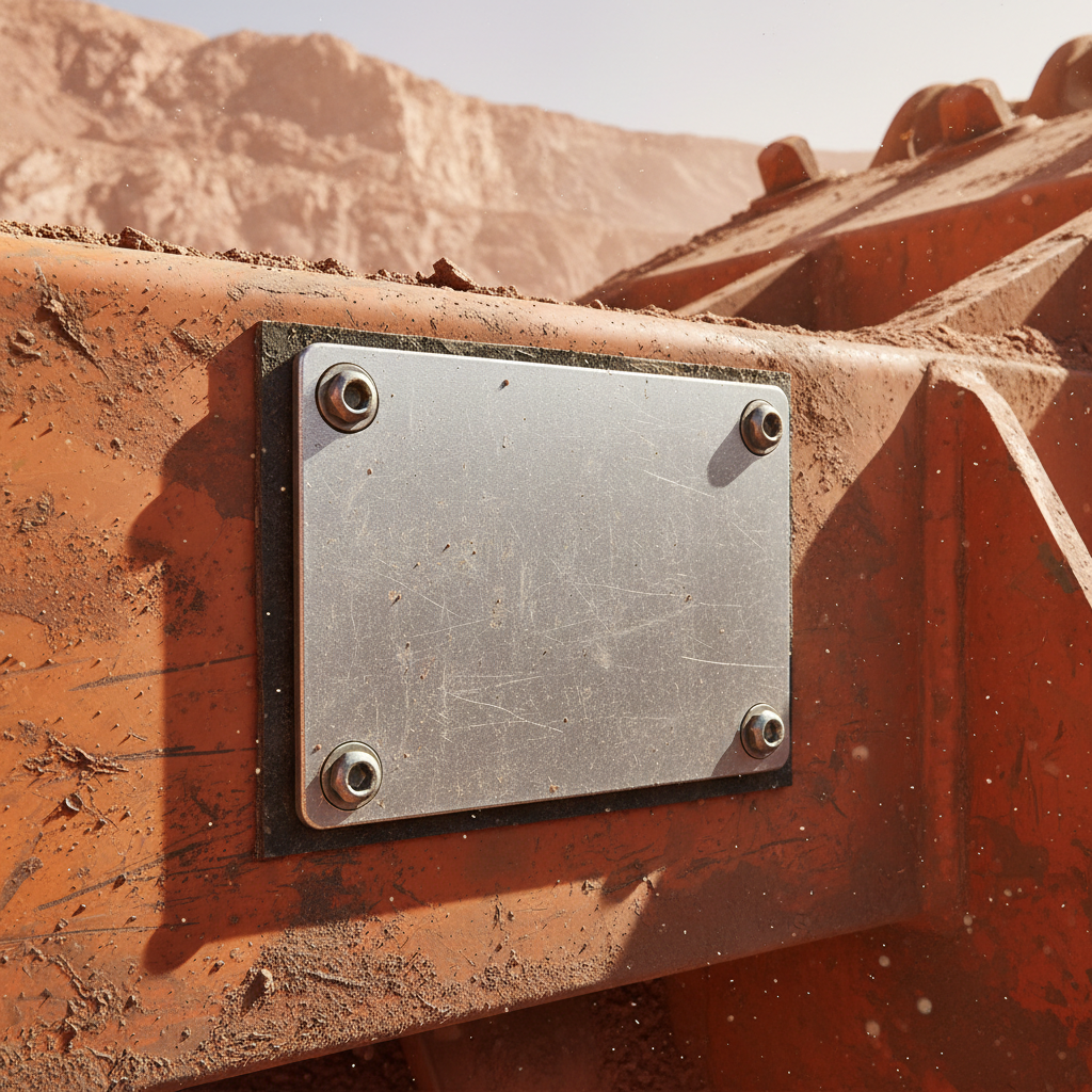 Close-up of a durable industrial asset tag securely adhered to a piece of heavy mining machinery, showing wear and tear but the tag is intact in a dusty, rugged mining environment.
