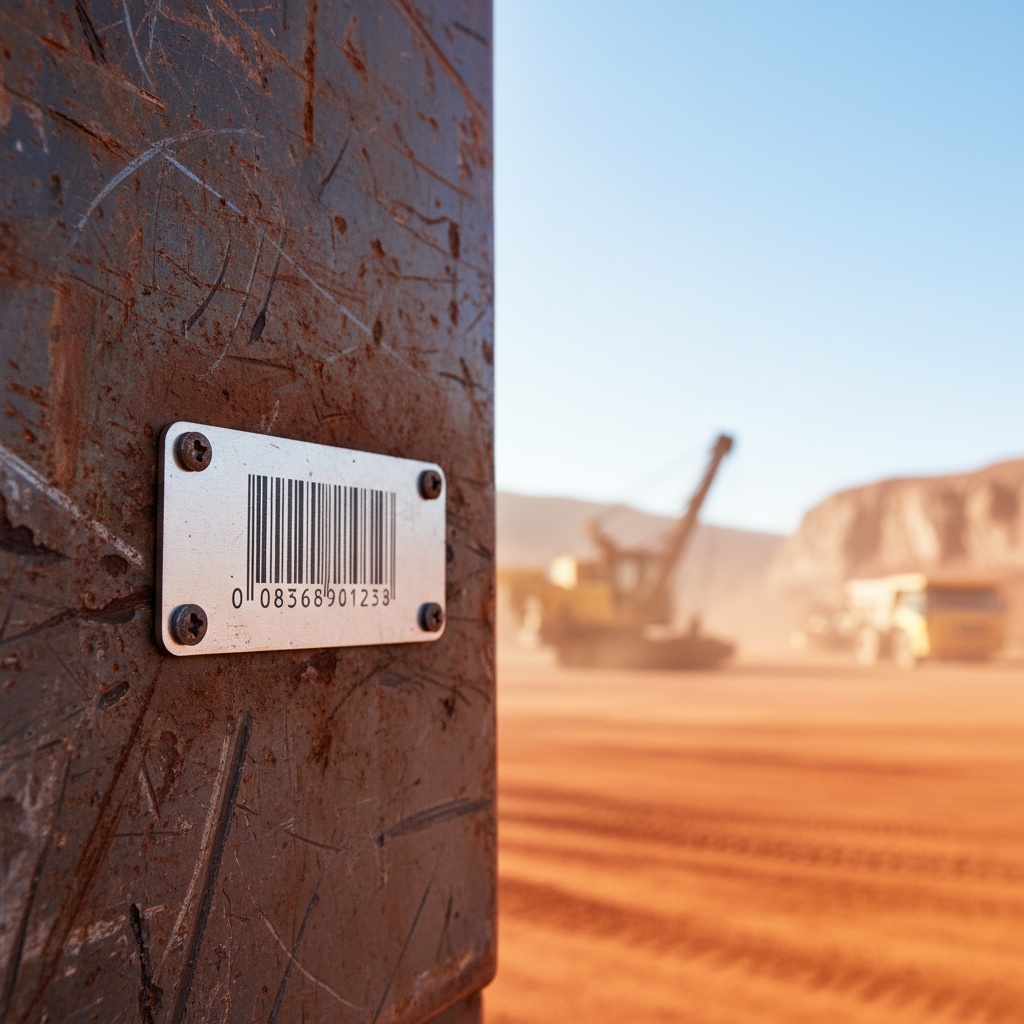 Close-up of a durable industrial asset tag securely affixed to a weathered piece of mining equipment in an arid, dusty Australian mining landscape.